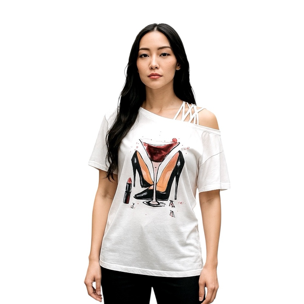 NWT- Women’s Graphic Print Off the Shoulder Lace T-Shirt,Size XL.